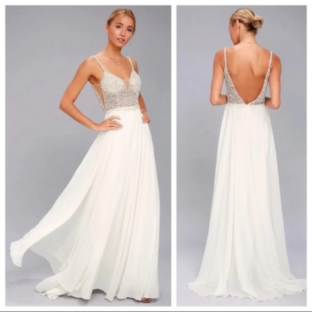 Lulus Luxe True Love White Beaded Rhinestone Maxi Dress